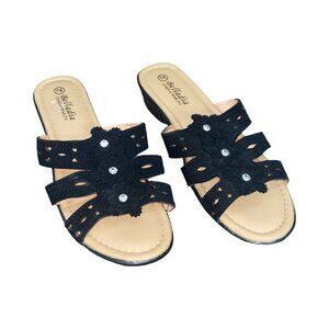 Sz.7W*Belladia*Black Slip-Ons Sandals Slides W/ Rhinestones